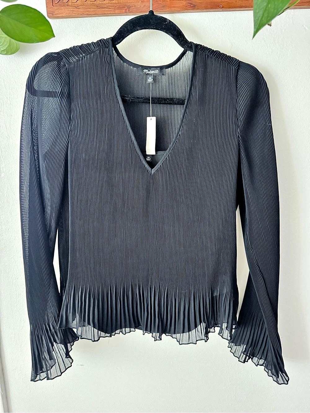 Madewell Pleated Flare-Sleeve Top Blouse Black XS